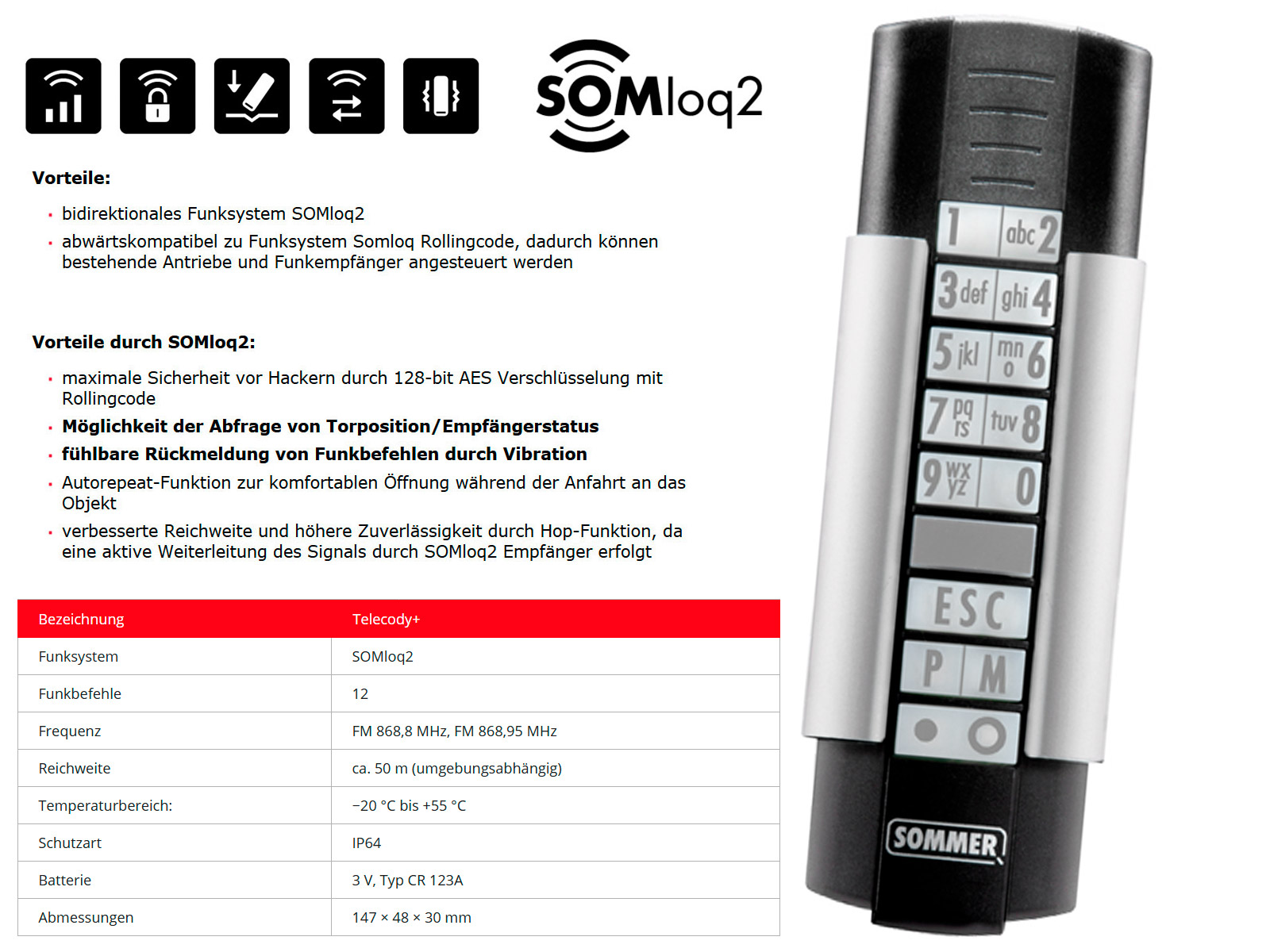 Sommer S10212-00001 Telecody Handsender 868,95 MHz 12-Befehl Schwarz//Silber